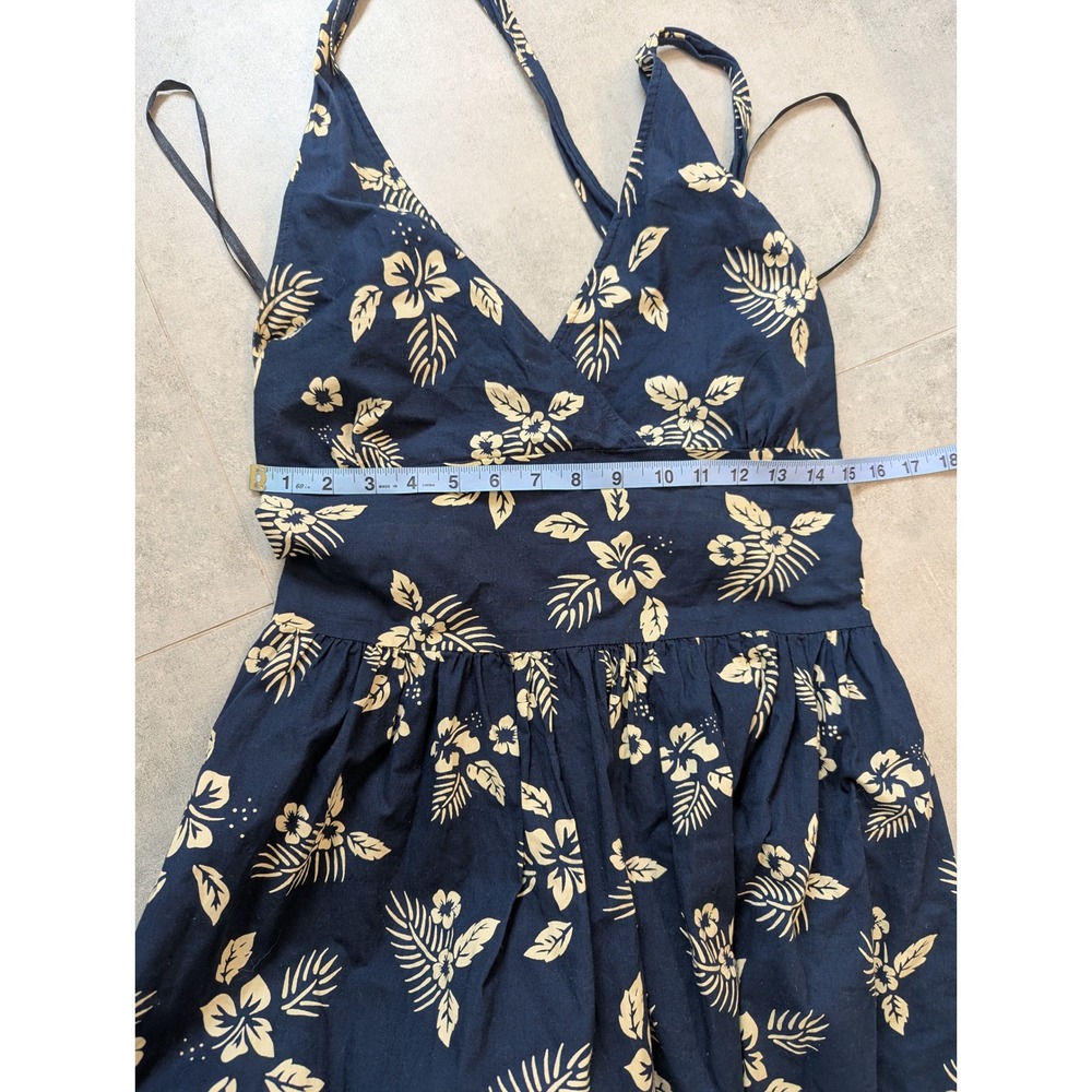 Navy Blue Tropical Hibiscus Floral Cotton Halter Midi Dress Large - Picture 9 of 10